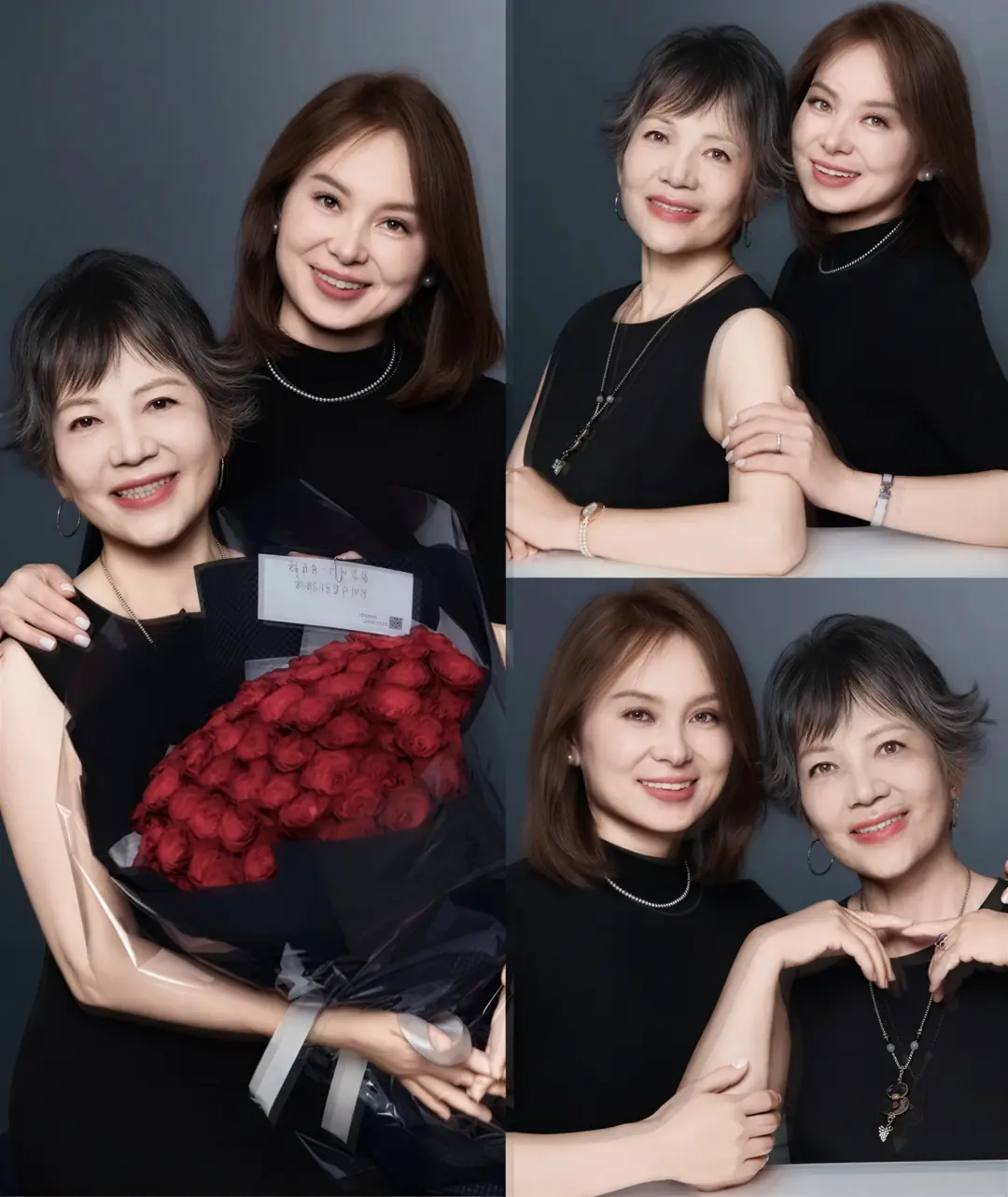 Alicia Dai and her mother dressed in black with red roses