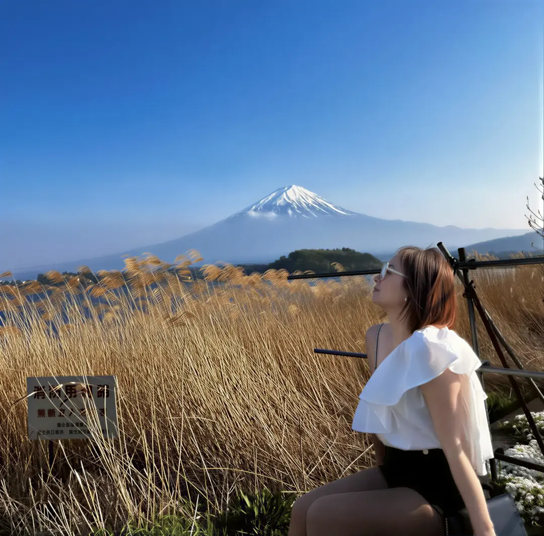 Alicia Dai seated in profile before Mount Fuji